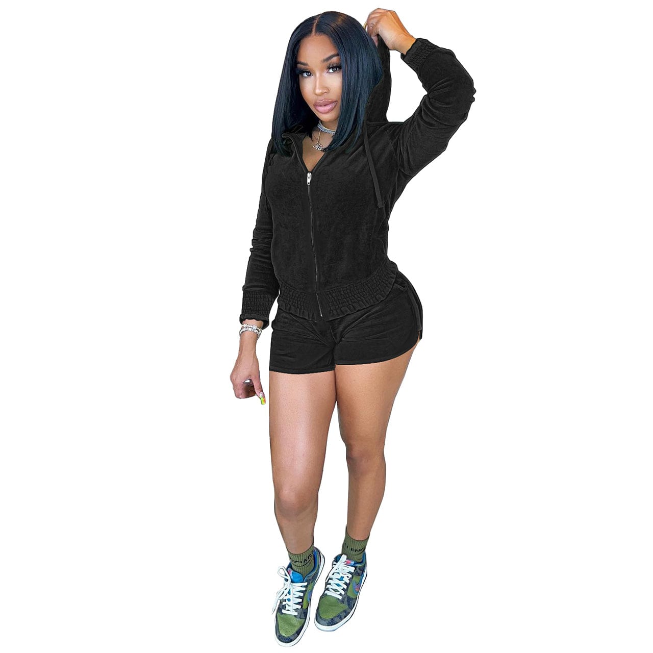 M / black Fall 2022 women clothes wholesale Hooded Velvet Ruffle crop top and Shorts Irregular Lounge two piece set women clothing
