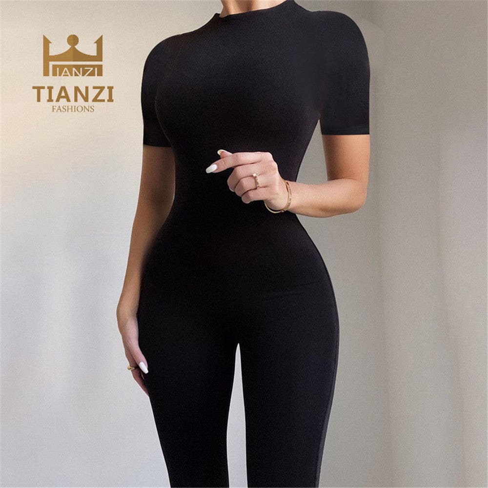 M / black Fashion Short Sleeve Bodycon Women One Piece Jumpsuits