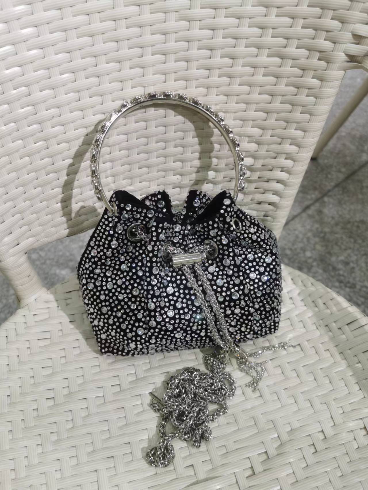 M / Black Glass Rhinestone 2022 Shenglu Hot Latest Designer Lady Rhinestone Bucket Tassel Handbag Purse Tote Blue Diamond Evening Shoulder Crossbody Bags