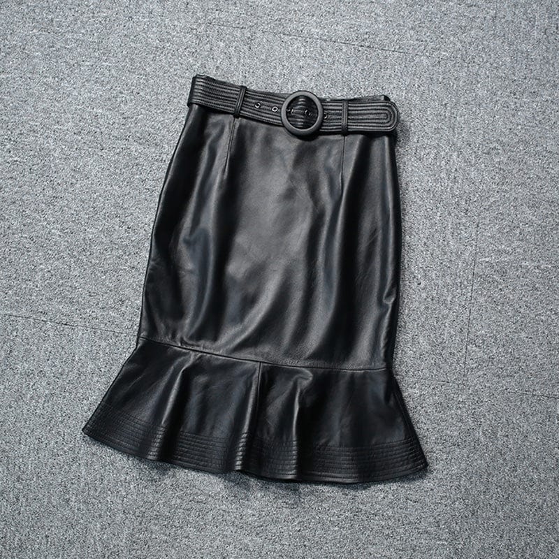 M / black Handmade Plus Size Mermaid Sheepskin Skirts Elegant Durable Trumpet Leather Skirts