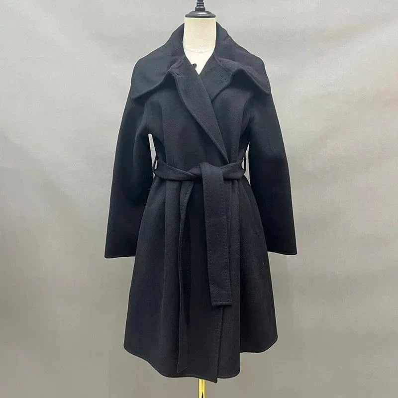 M / Black High Quality Korean Double Sided Handmade Belted Long Cashmere Wool Coat for Women