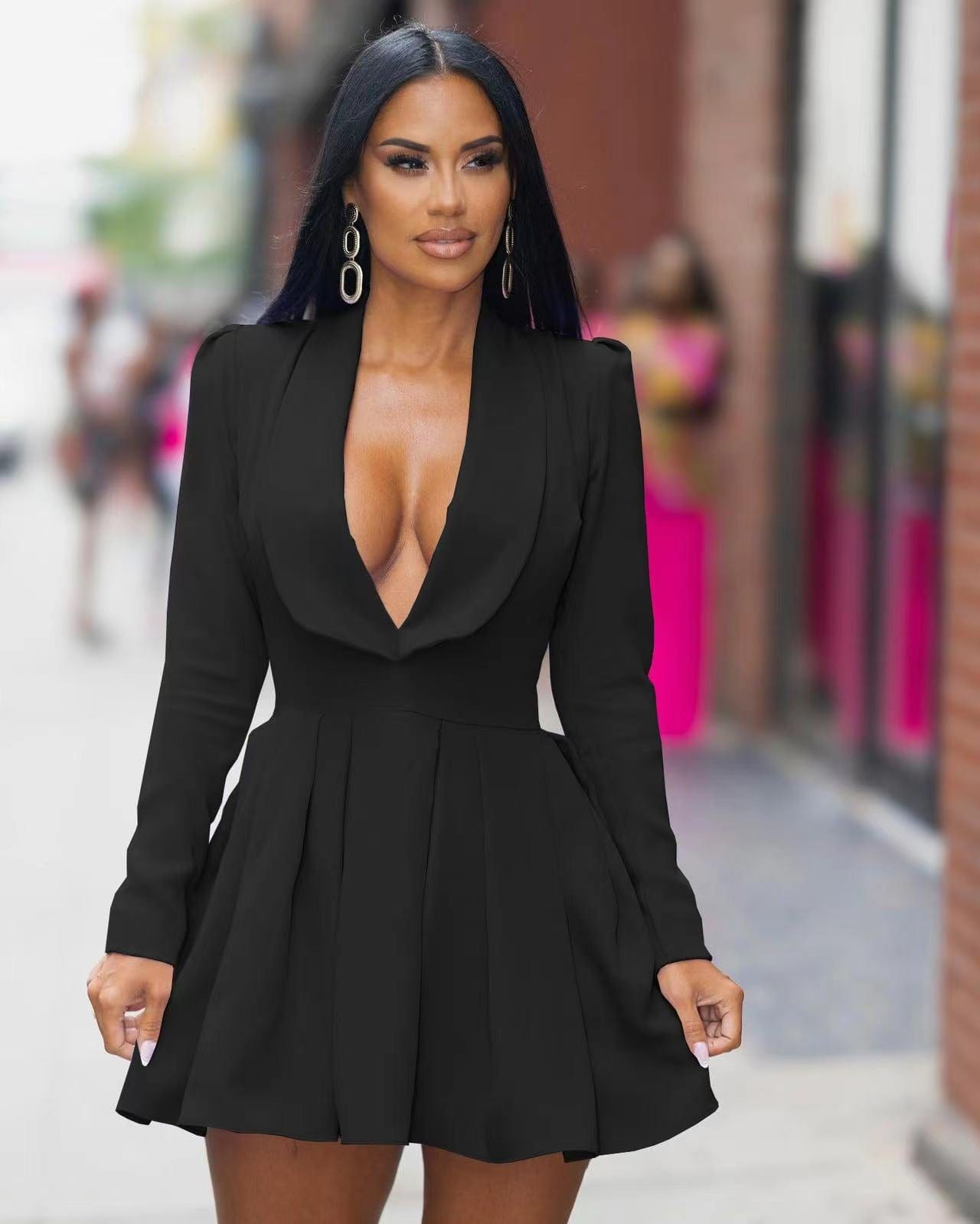 M / black J&H 2023 new arrivals sexy deep v neck pleat mini dress ladies long sleeve lovely fall dress y2k clothing