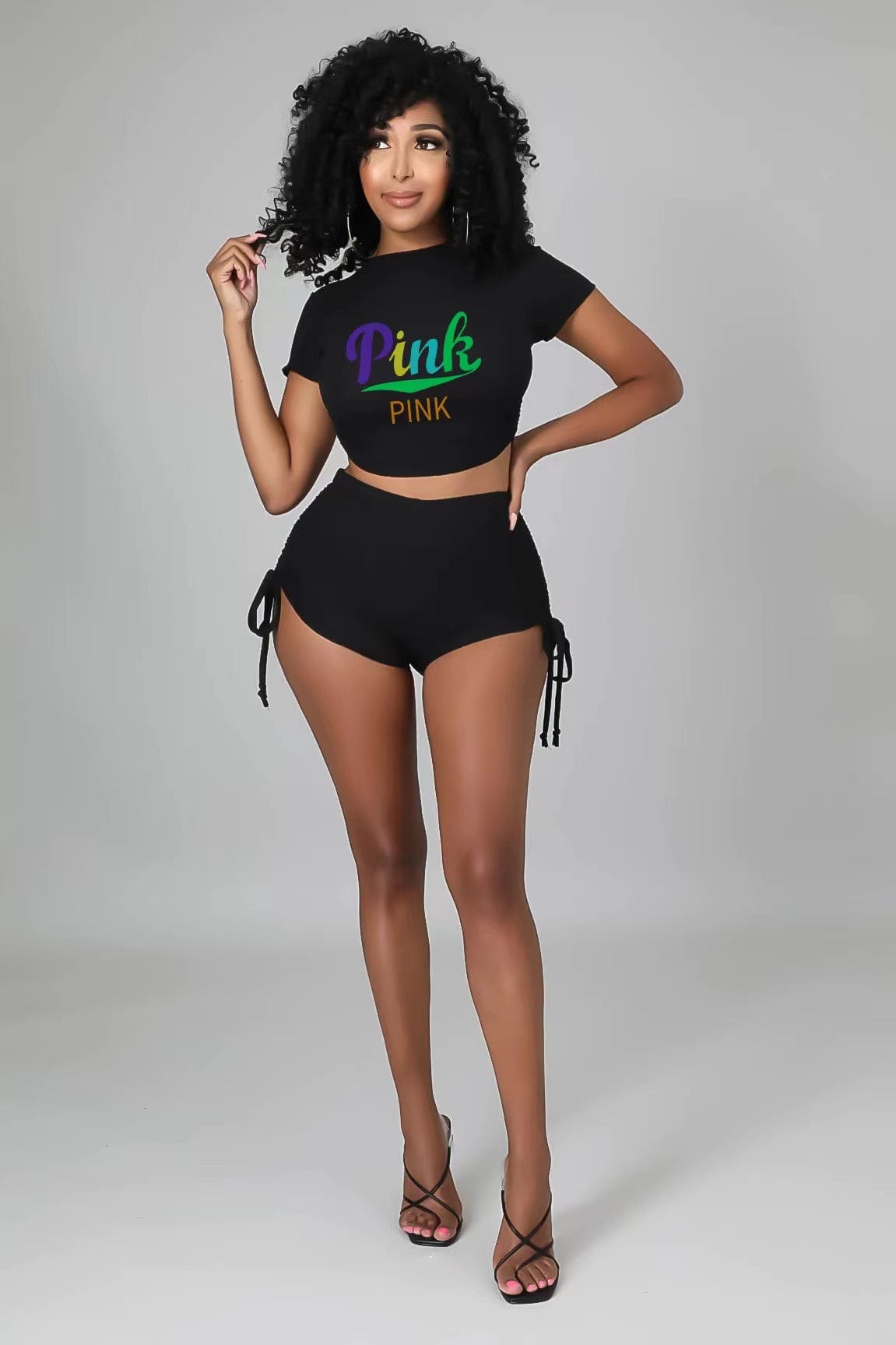 M / black J&H 2023 new arrivals summer sexy solid color letter printed Crop top 2 piece high waist shorts set slim fit workout clothes