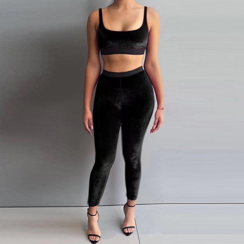 M / black J&H 2023 new arrivals velvet tank top and leggings high waist slim fit activewear velour pants set