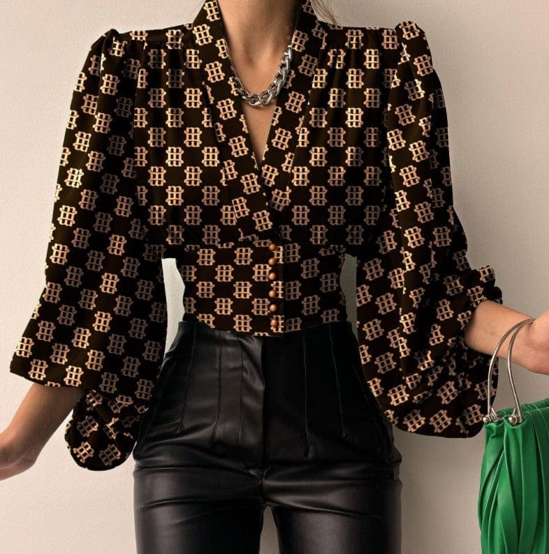 M / Black khaki J&H 2023 hot sale S-5XL sexy v neck corset top women elegance puff sleeve fashion blouse shirts casual fall clothes whoelseale