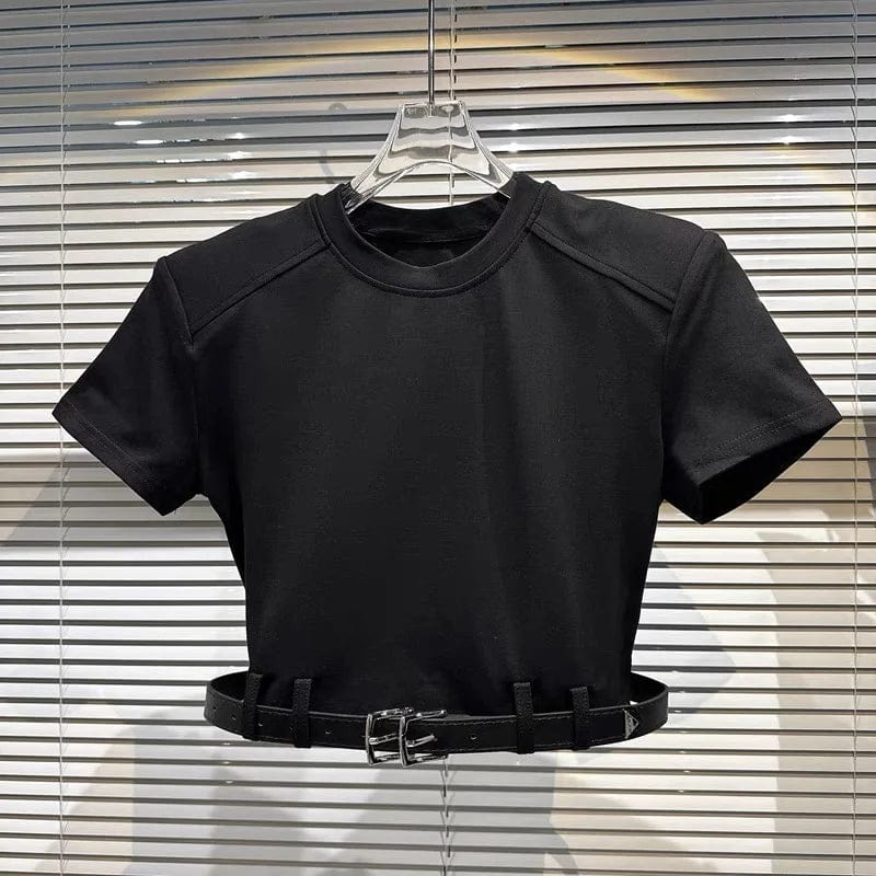 M / Black OUDINA Wholesale Casual Tops Belt Shoulder Pads Short Sleeve T-shirt Plain White Women Crop T Shirt