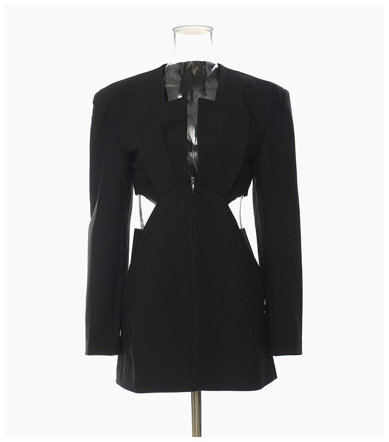 M / Black OUDINA Wholesale Ready To Ship Hollow black casual mini ladies blazers Women Blazer Dress