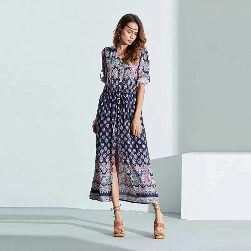 M / Black S-5XL Bohemian Floral Women Beach Summer Maxi Dress Plus Size Sexy V-neck Casual Dress Holiday Chiffon Party Long Dresses