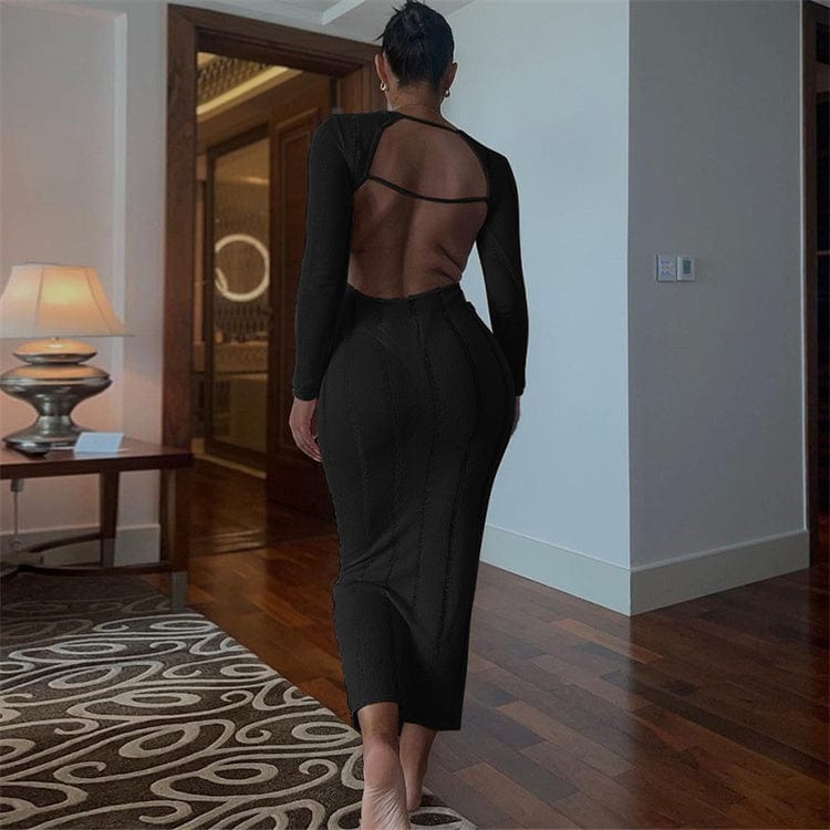 M / black Sexy Knit Hollow Out Bodycon Maxi Dresses Club Outfit For Women 2023 Long Sleeve Backless Party Long Dress