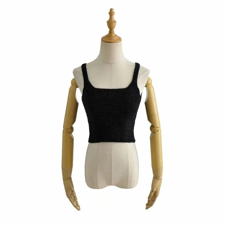 M / Black Summer High Quality Crew Neck Pure Candy Color Y2K Plush Knitted Sleeveless Crop Women Tank Tops