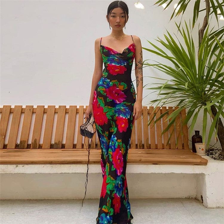 M / black Wholesale Floral Strap Bandage Backless Plus Size Dress Long Ladies Dresses Fashion Dresses 2023 Women Vestidos