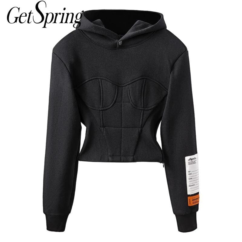 M / Black Women Hoodies Sweatshirt Patchwork Black Hooded Hoodie Women Vintage Casual Short Women Sweatshirt Tops 2022 Fashion