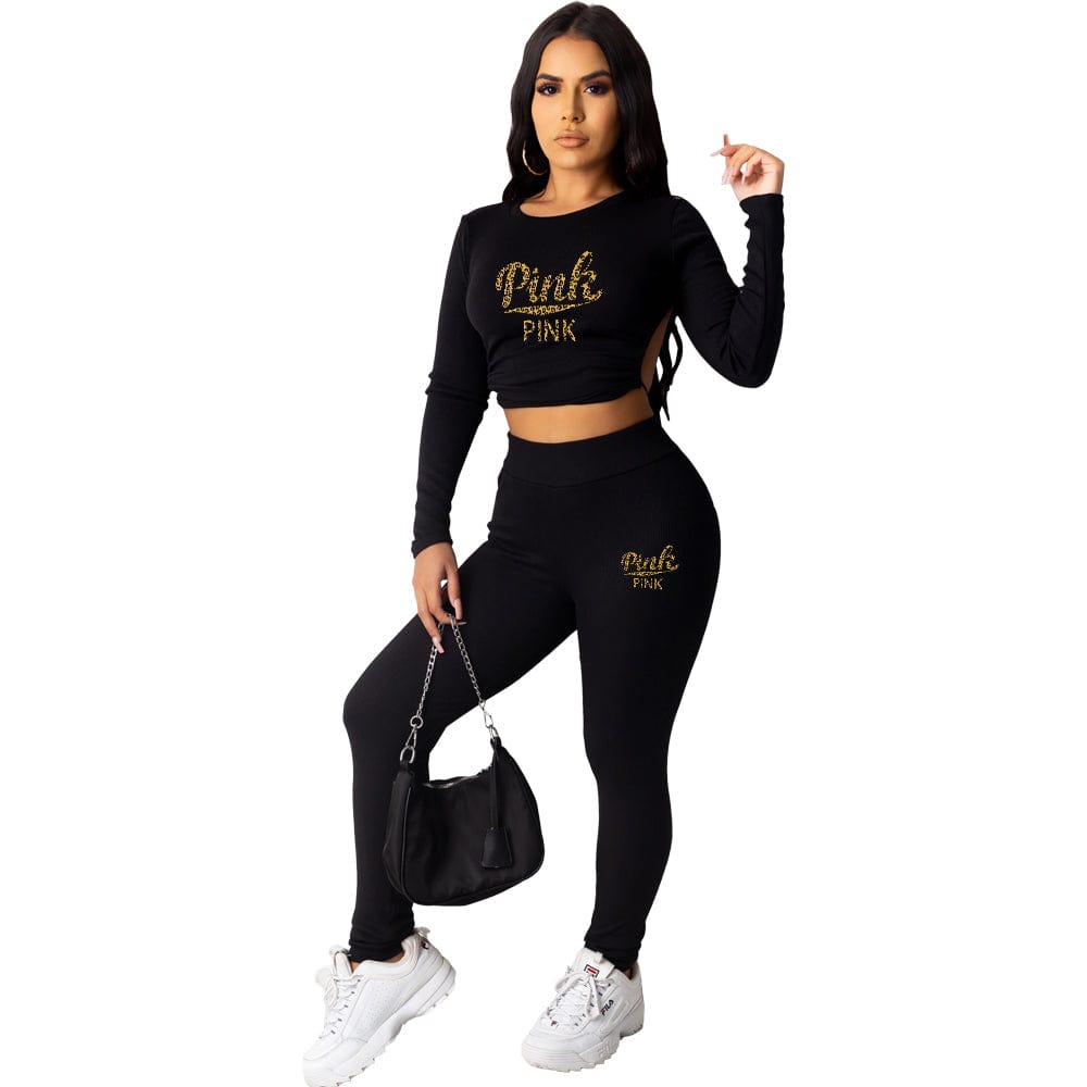 M / black Women Outfits Sexy Print Patchwork Backless O Neck Three Quarter Two Pieces Pant Set