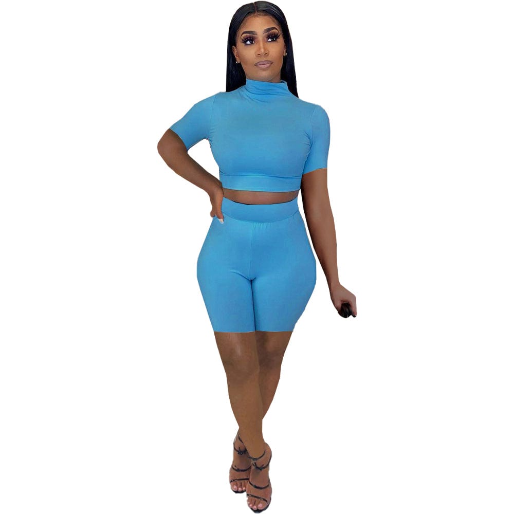M / Blue 2 Piece Short Set Women s Blank Wholesale Summer Outfits Gym Fitness Two Piece Workout Shorts Sets with Short Sleeves