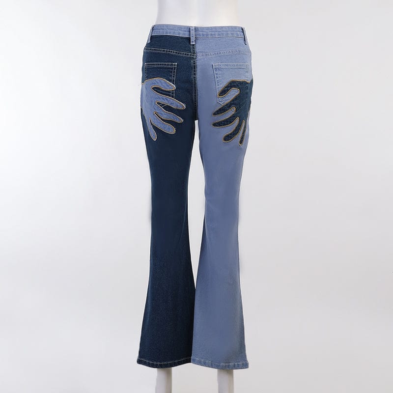 M / Blue 2022 Fashion Handprint Girls Jeans Women'S Fall Jeans Button Stretch Trouser Flare Bottom Contrast Patchwork Women's Jeans