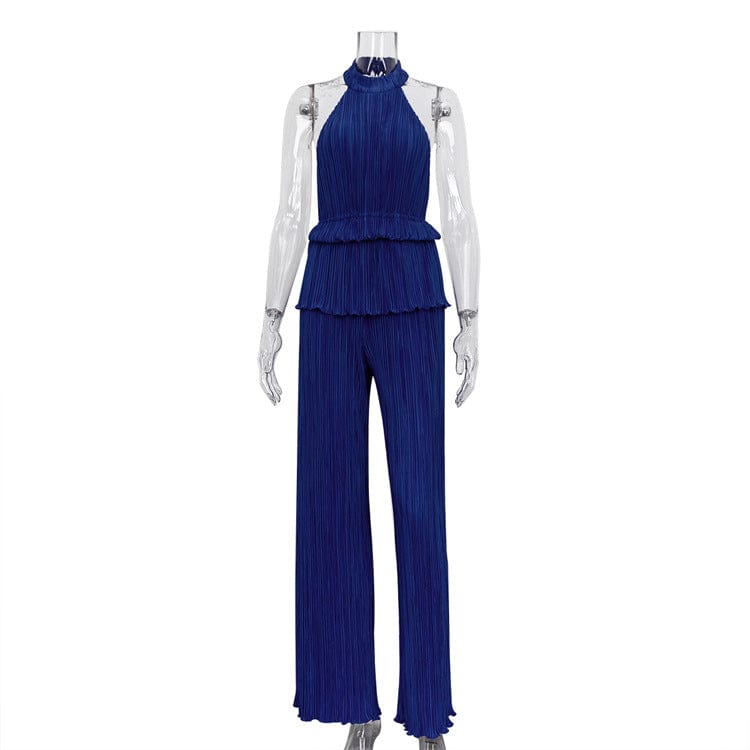M / Blue 2022 Hot Sale Elegant Casual Loose Pleated Halter Tank Tops 2 Piece Pants Sets Wide Leg Pants Lounge Wear Women Two Piece Set
