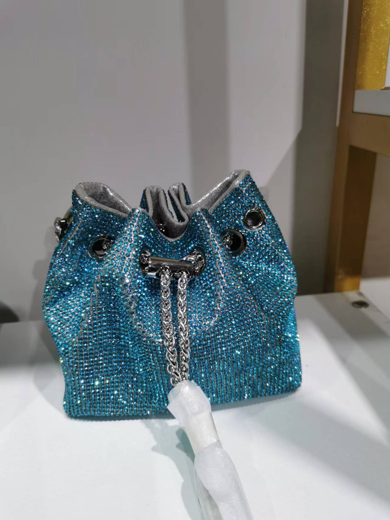 M / Blue 2022 Shenglu Hot Latest Designer Lady Rhinestone Bucket Tassel Handbag Purse Tote Blue Diamond Evening Shoulder Crossbody Bags
