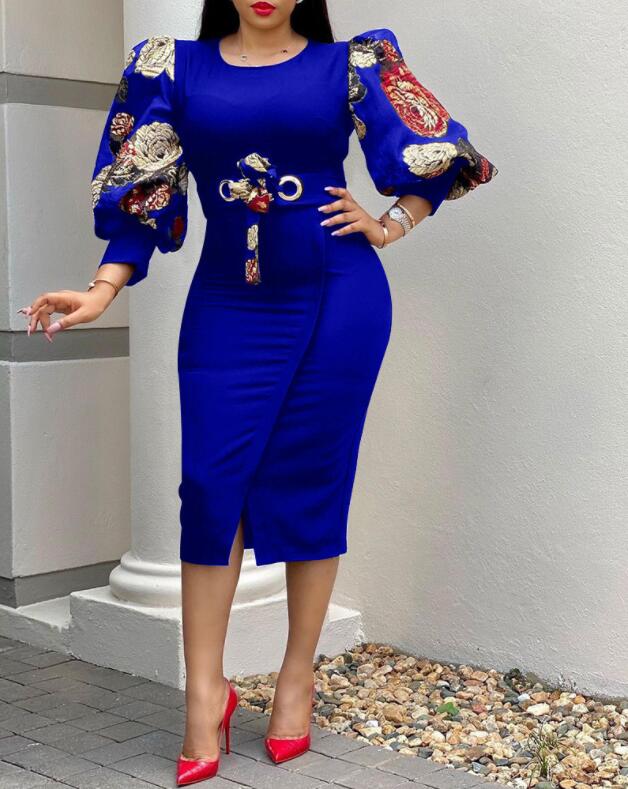 M / Blue Autumn Bodycon Bowtie Printing African Women Office Career Dresses