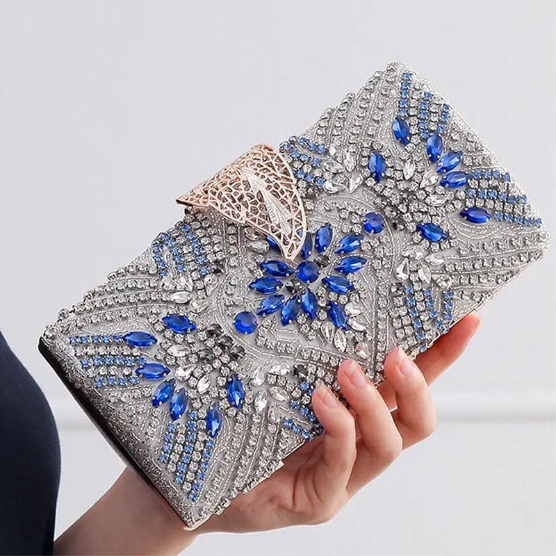 M / Blue Embroidered Women Rhinestone Beading Evening Bags Ladies Clutch Hand Bag Clutches Wedding Party Bag Stone Purse
