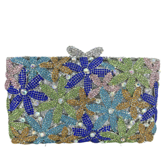 M / Blue Female Colorful Crystal Clutch Bags High Quality Flower Diamond Rhinestone Lady Floral Party Purse Clutches Bags