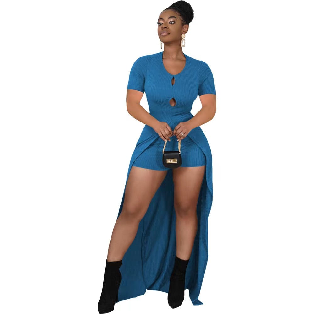M / Blue J&H 2023 new arrivals chic long shirt and shorts women trendy ribbed 2 piece outfits summer slim fit casual sets