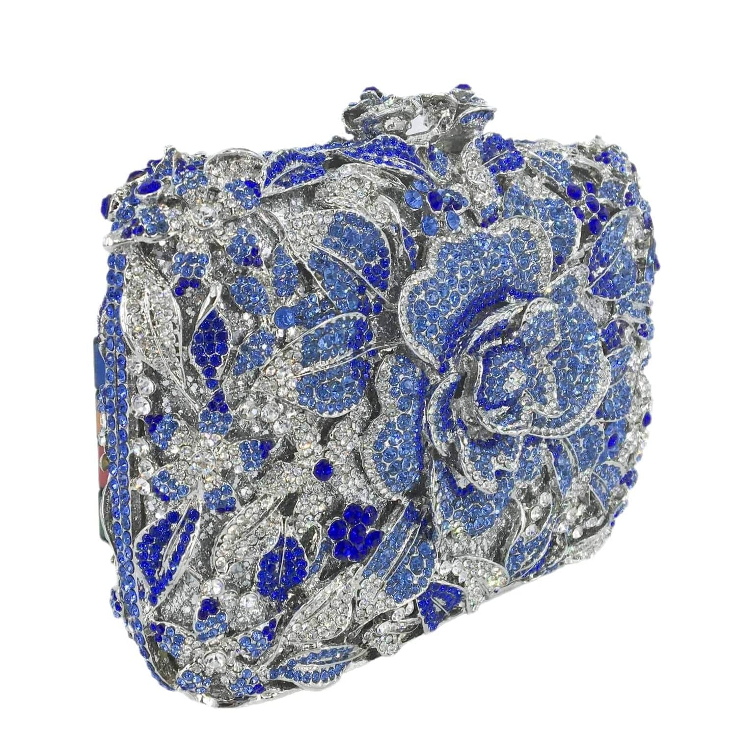 M / Blue Ladies Diamond Handbag Handmade Hollow Out Crystal Evening Bags Luxury Metal Frame Flower Clutch Bag Purse for Women