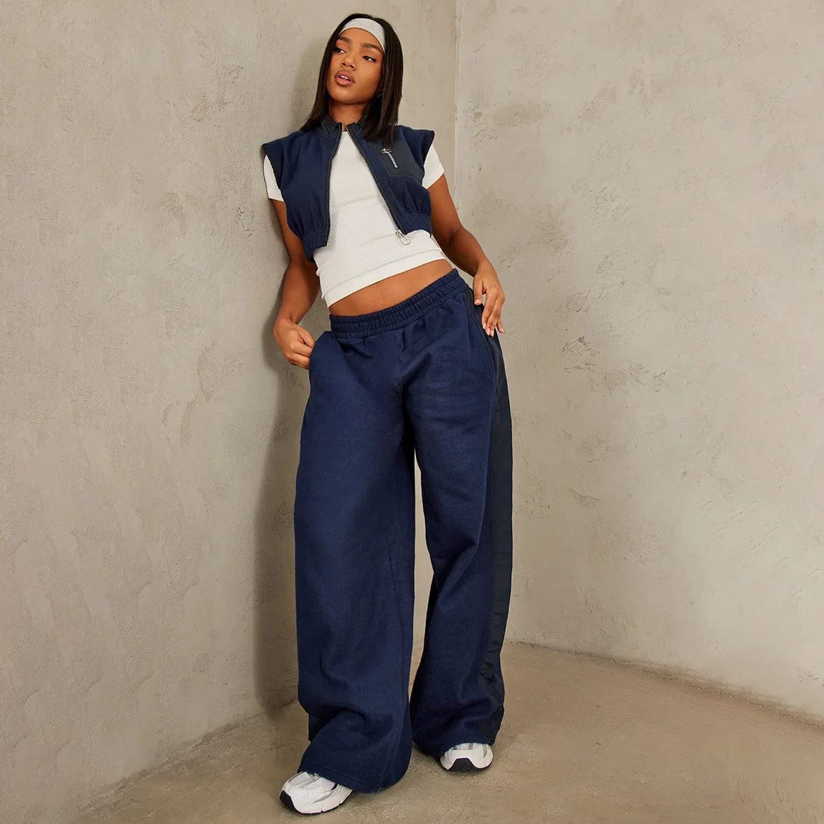 M / Blue OUDINA New Fashion Casual Solid Color Cardigan Vest Casual Straight Sweatpants Suit Two Piece Set Women Clothing