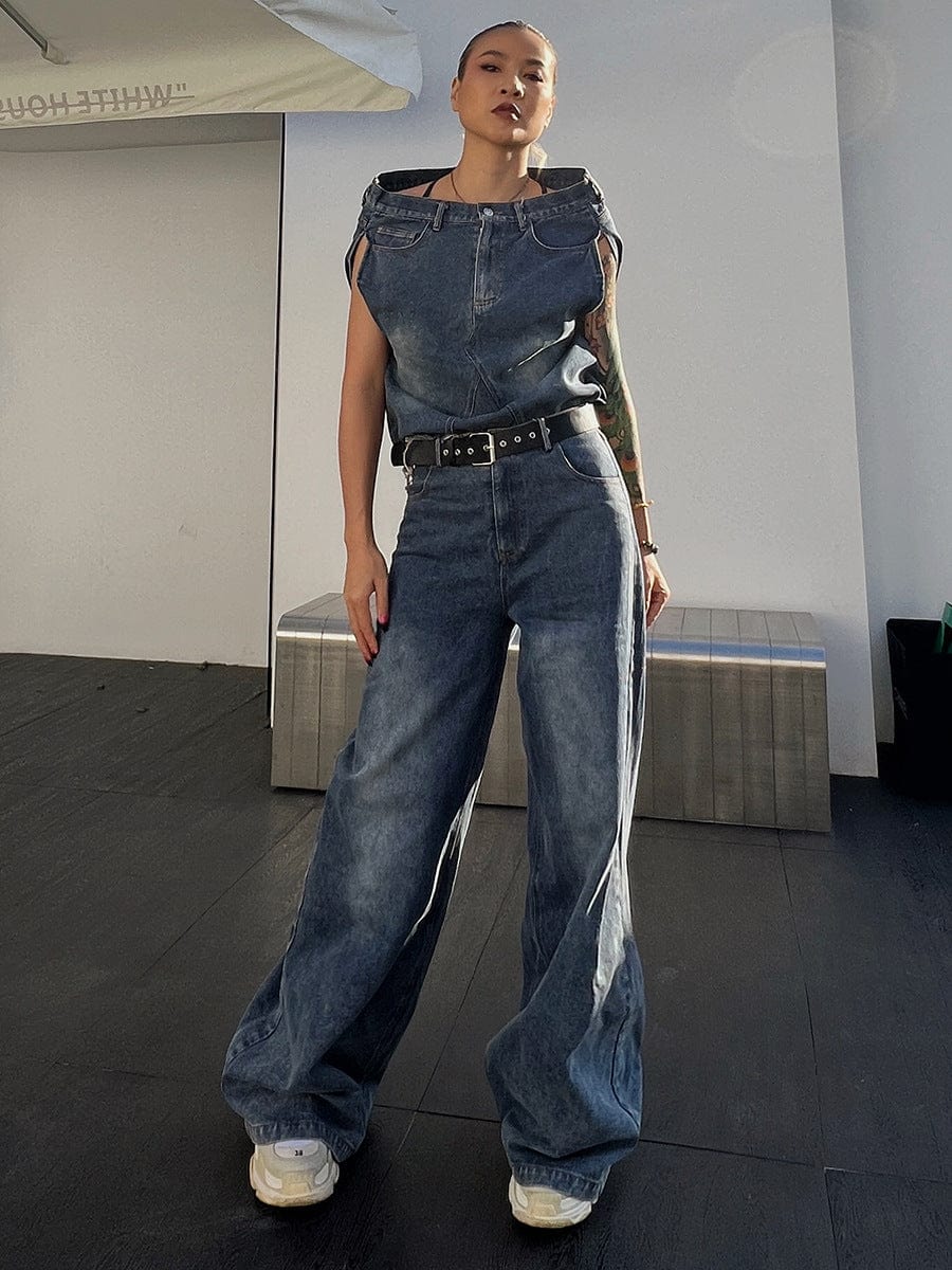 M / Blue Show Personality Design Loose Pants Women's Clothing 2023 New Irregular Tops High Waist Casual Denim Suit Belt Two Piece Set