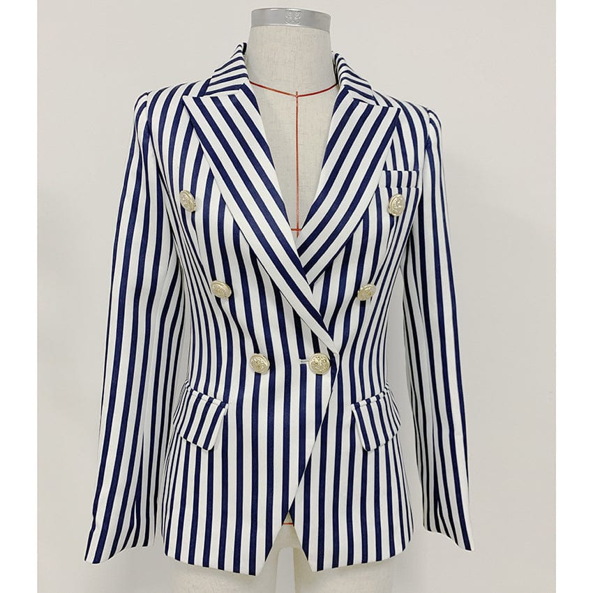 M / Blue stripe 2022 England Ladies fashion golden lion buttons black white stripe jacket office Blazer For Women business formal work clothes