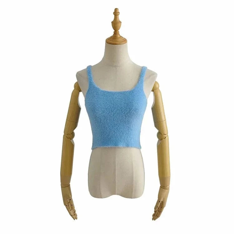 M / Blue Summer High Quality Crew Neck Pure Candy Color Y2K Plush Knitted Sleeveless Crop Women Tank Tops