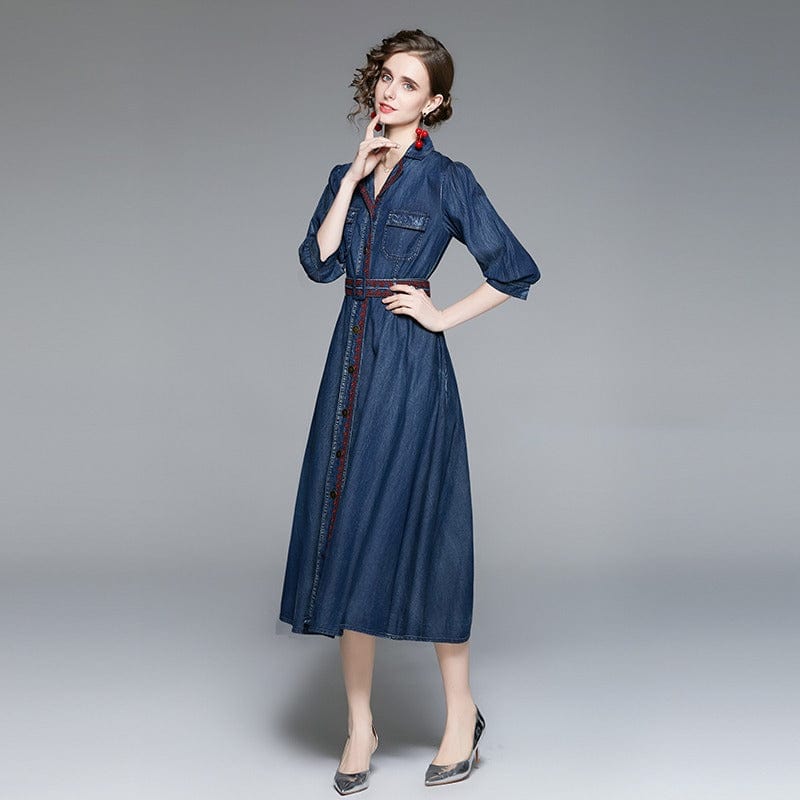 M / Blue TS33510115 Embroidered denim dress women's spring 2022 new three-quarter sleeve slimming and age-reducing skirt