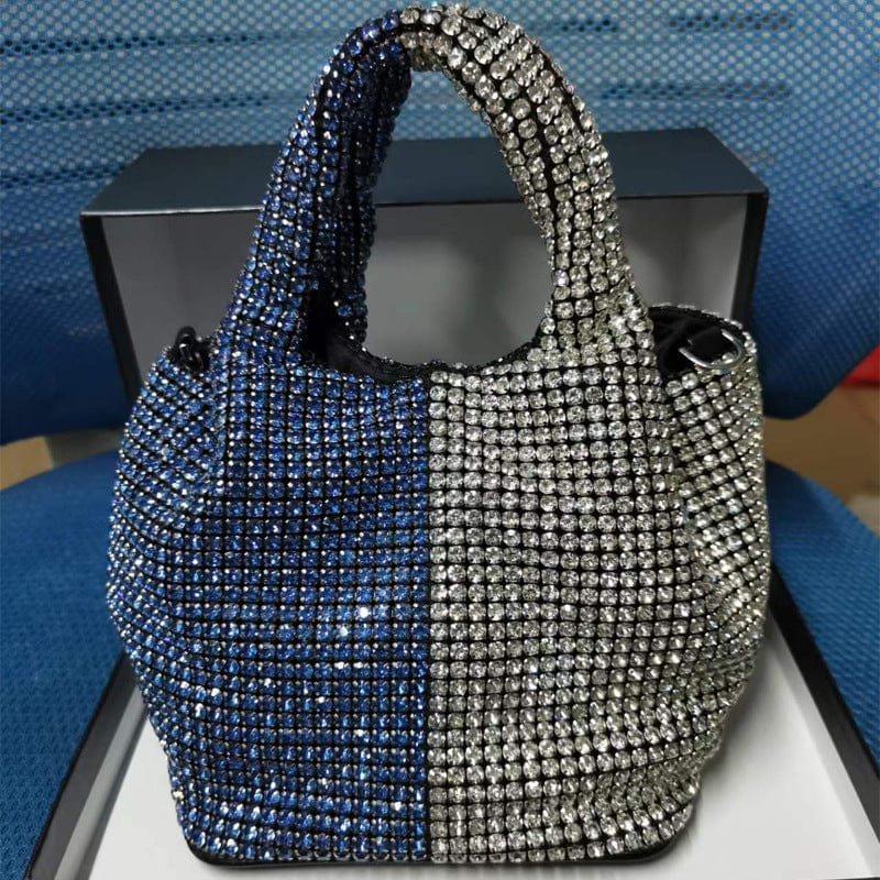 M / Blue with silver 2022 Shenglu New Fashion Lady Women Rhinestone Vest Basket Handbag Purse Tote Bling Diamond Party Evening Shoulder Crossbody Bag