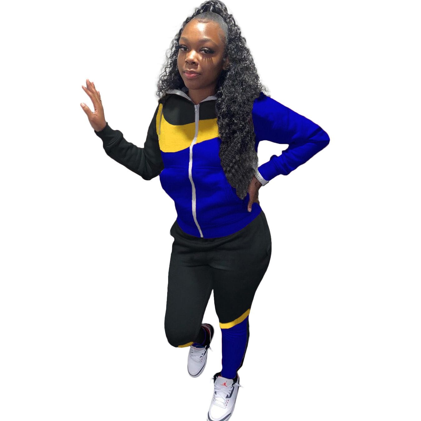 M / Blue Women Fall Fashion Apparel Clothing Hooded collar Solid Color Two Piece Outfits Long Sleeve Sweatsuit Pants Set