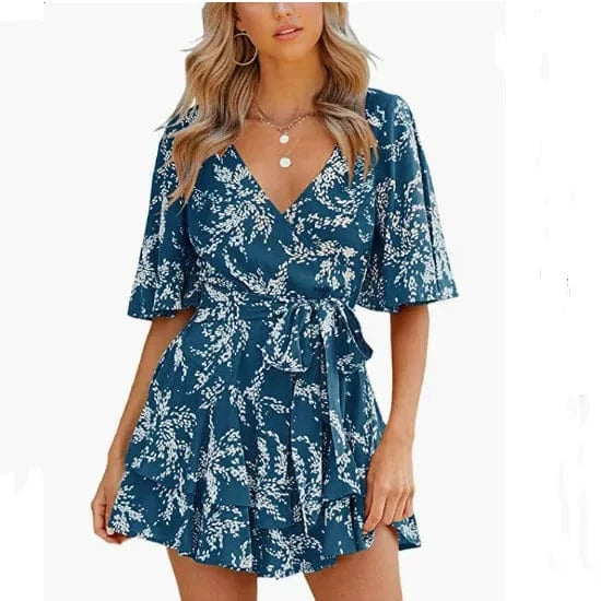 M / Blue Womens Summer Short Sleeve V Neck Floral Print Dress New Women Chiffon Belt Dress