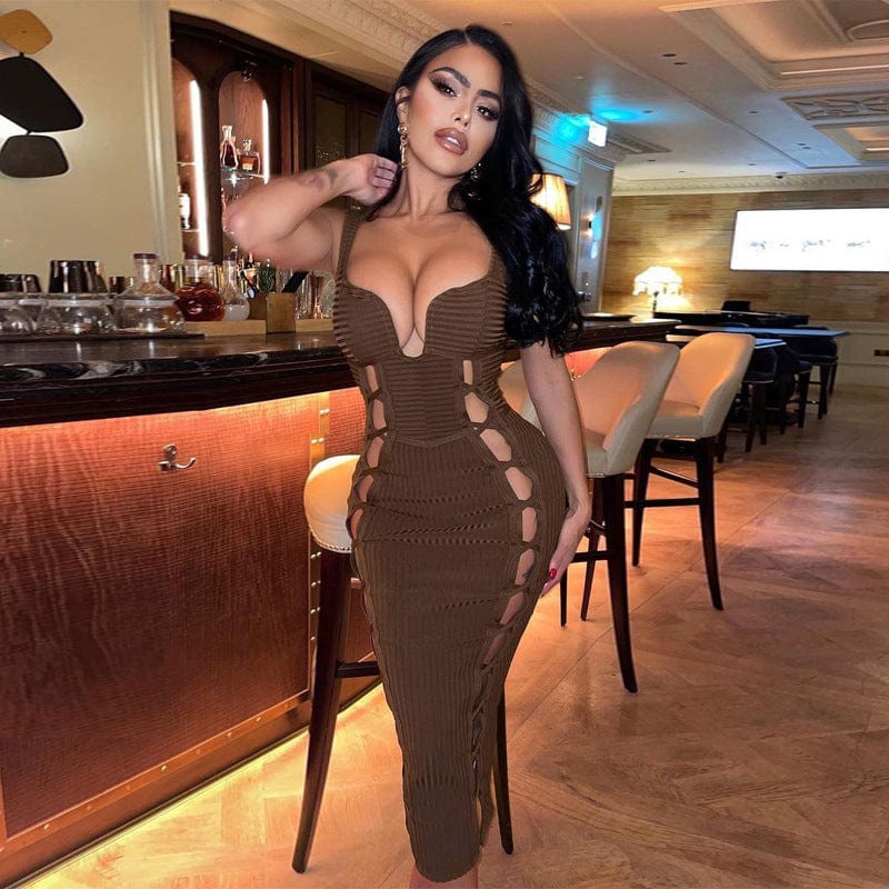 M / Brown 2022 Summer Women Clothes Lady One Piece Sexy Long Knitted Dress Women Hollow Out Bandage Long Halter Bodycon Dress
