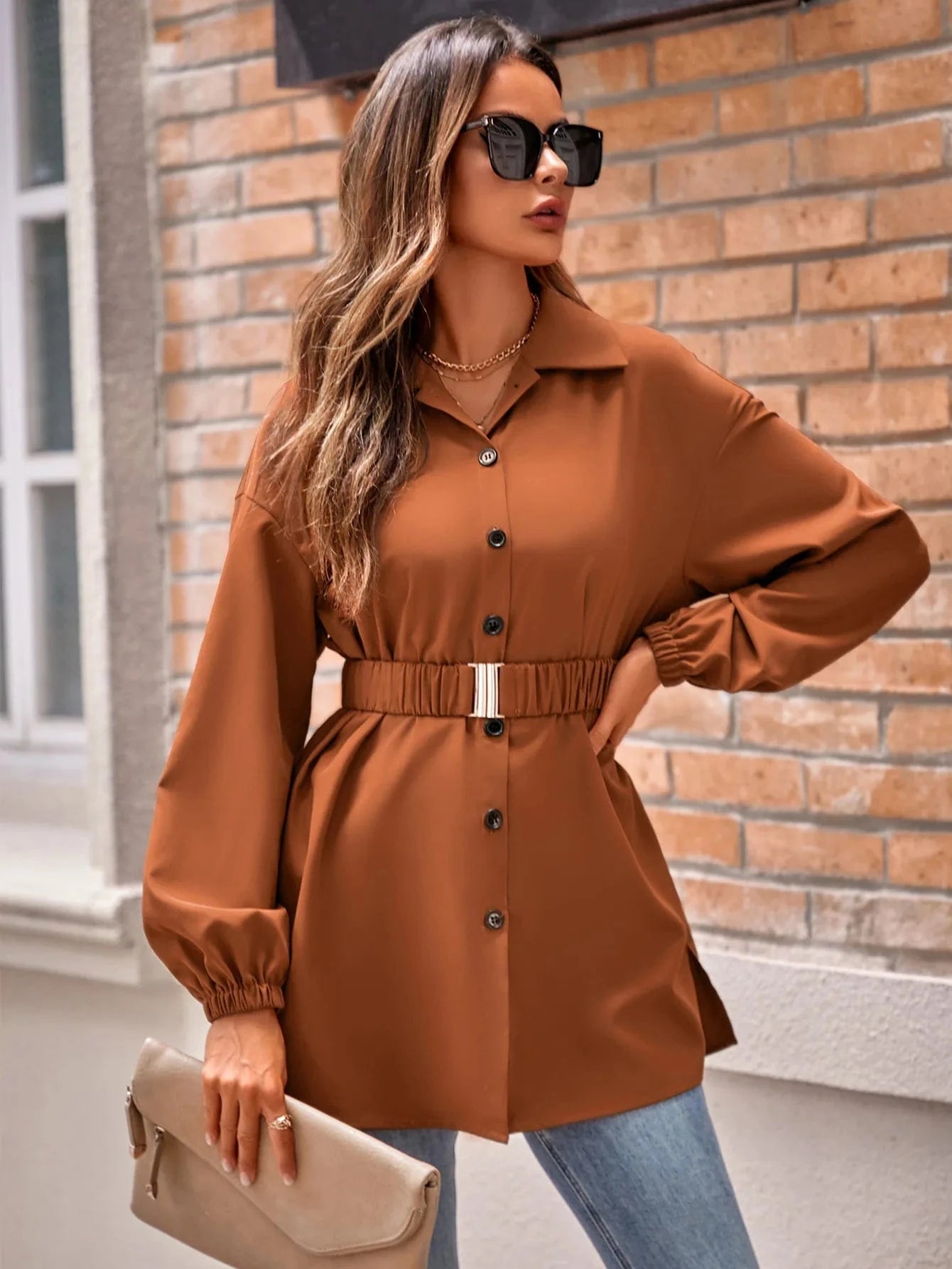 M / Brown Casual Spring Autumn Women's Dress 2023 Fashion New Solid Color Shirt Collar Single Breasted Belt Women Shirt Coat