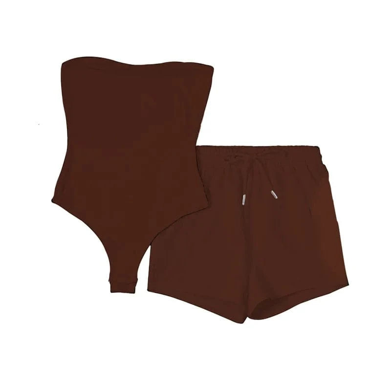 M / Brown Cotton Shorts Pant Set Women Jogging Sweat Suit Clothing Bodysuit 2 Piece Set Plain Joggers Custom Logo Two Piece Pants Set