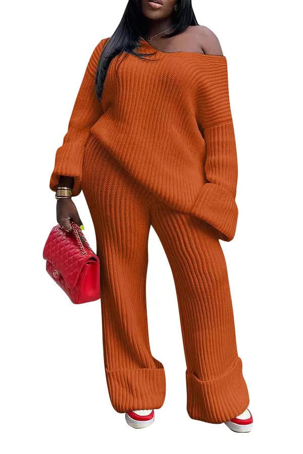 M / Brown Fall Winter Female Two 2 Pieces Clothing Sets Casual V Neck Loose Knit Pullover Sweater Pant Sets For Women