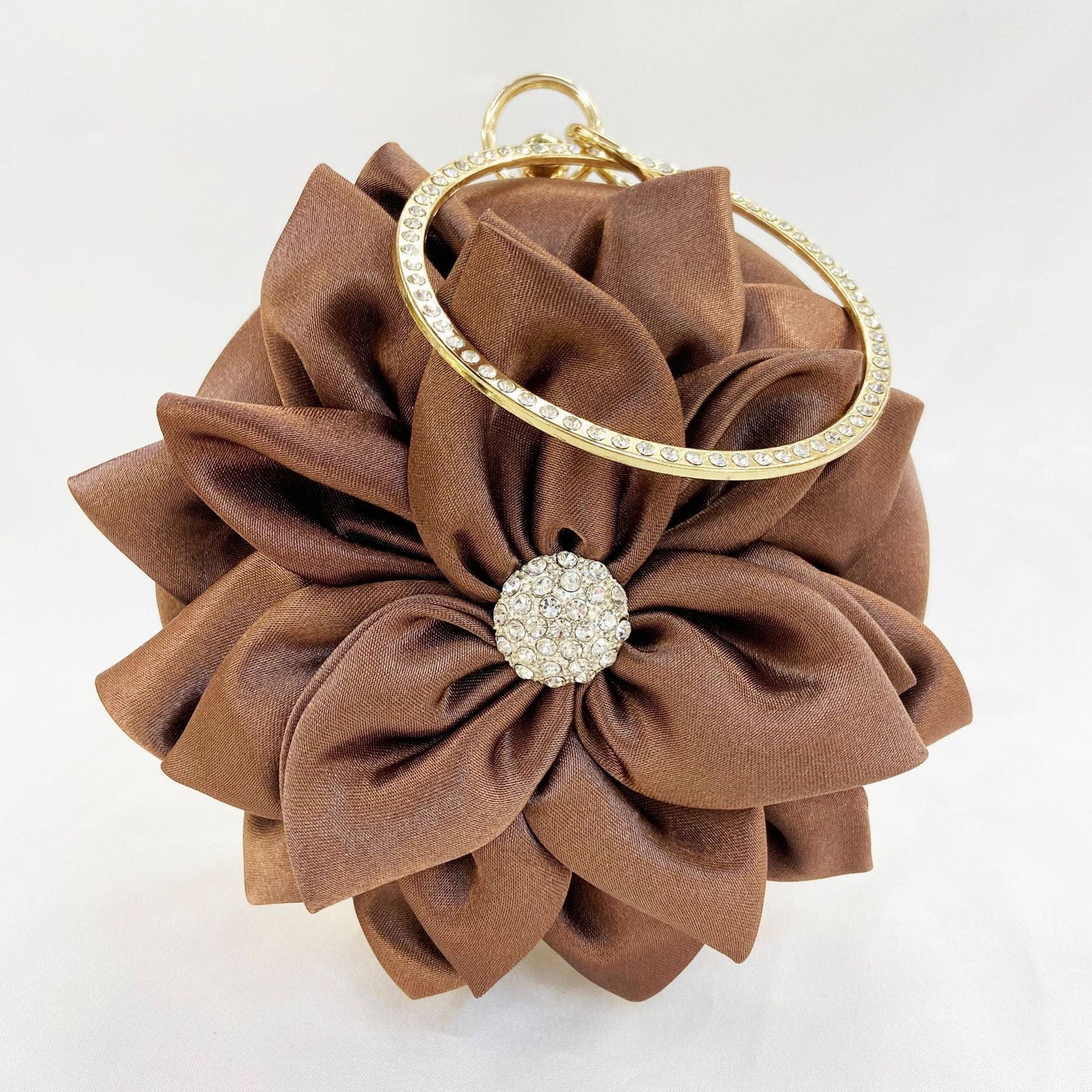 M / Brown Fashion Flower Dinner Fashion Silk Round Dress Wedding Bridal Party Clutch Evening Bags