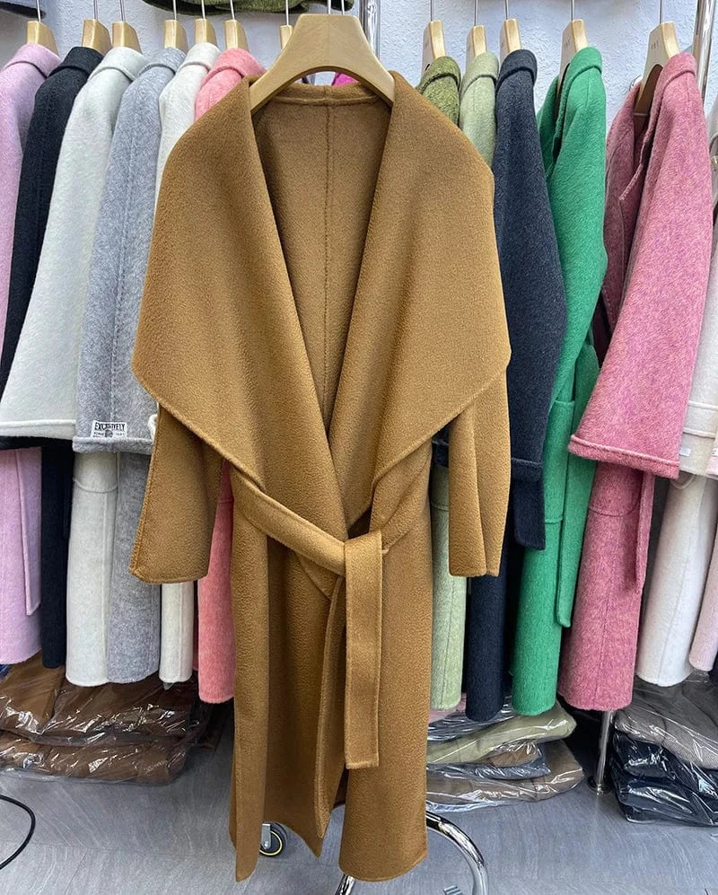 M / Brown High Quality Turn Down Collar Water Ripple Wool Coat Handmade Long Cashmere Trench Coat with Belt