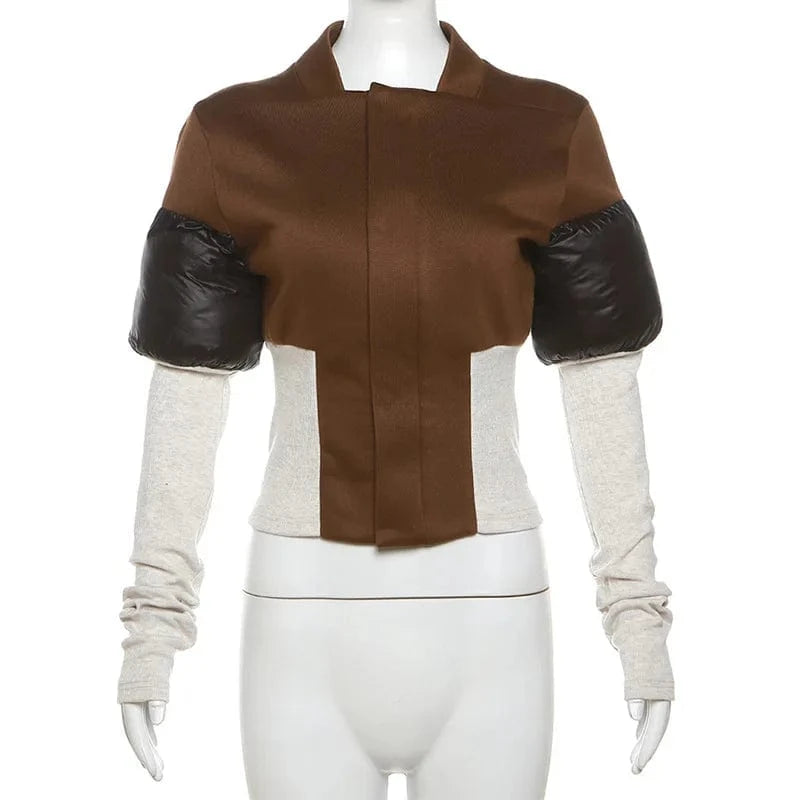 M / Brown OUDINA Women's Clothing Patchwork Contrasting Color Slimming Street Style Short Baseball Ladies Jacket