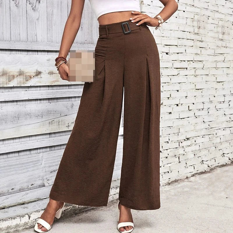 M / Brown Solid Color Belted Wide-Leg Pants