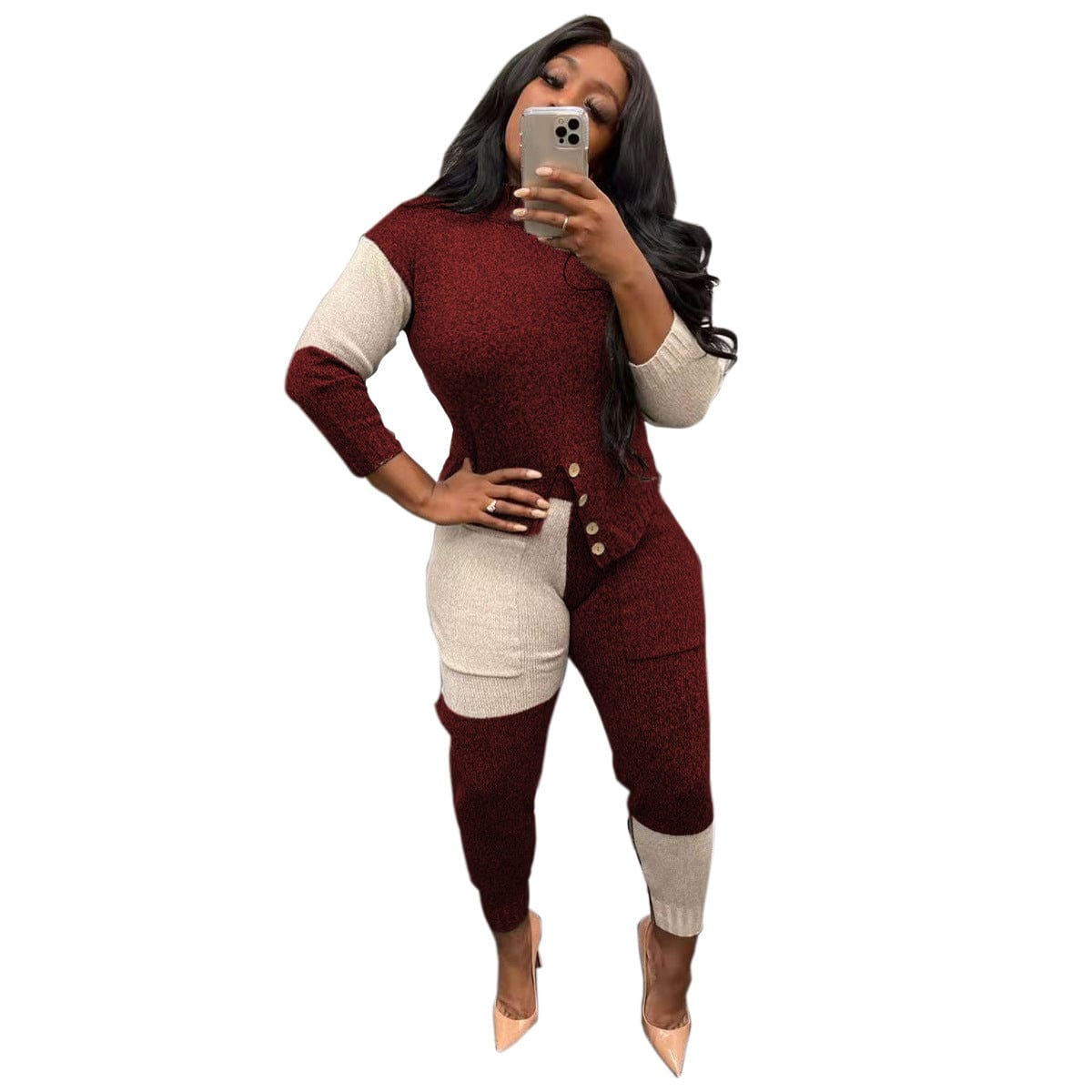 M / Burgundy C1103TA94 Fall And winter Casual Contrast Color Thick Two Piece Pants Set Women Sehe Fashion