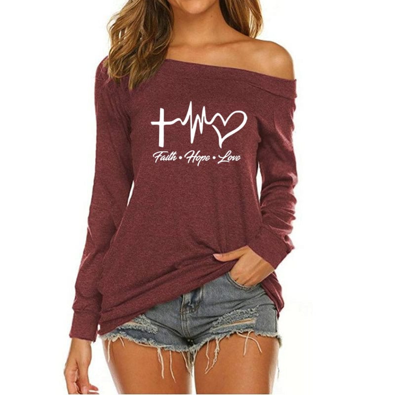 M / Burgundy Faith Hope Love Custom Logo American Long Sleeve Loose Autumn Tees T shirt Women fall 2022 women clothes