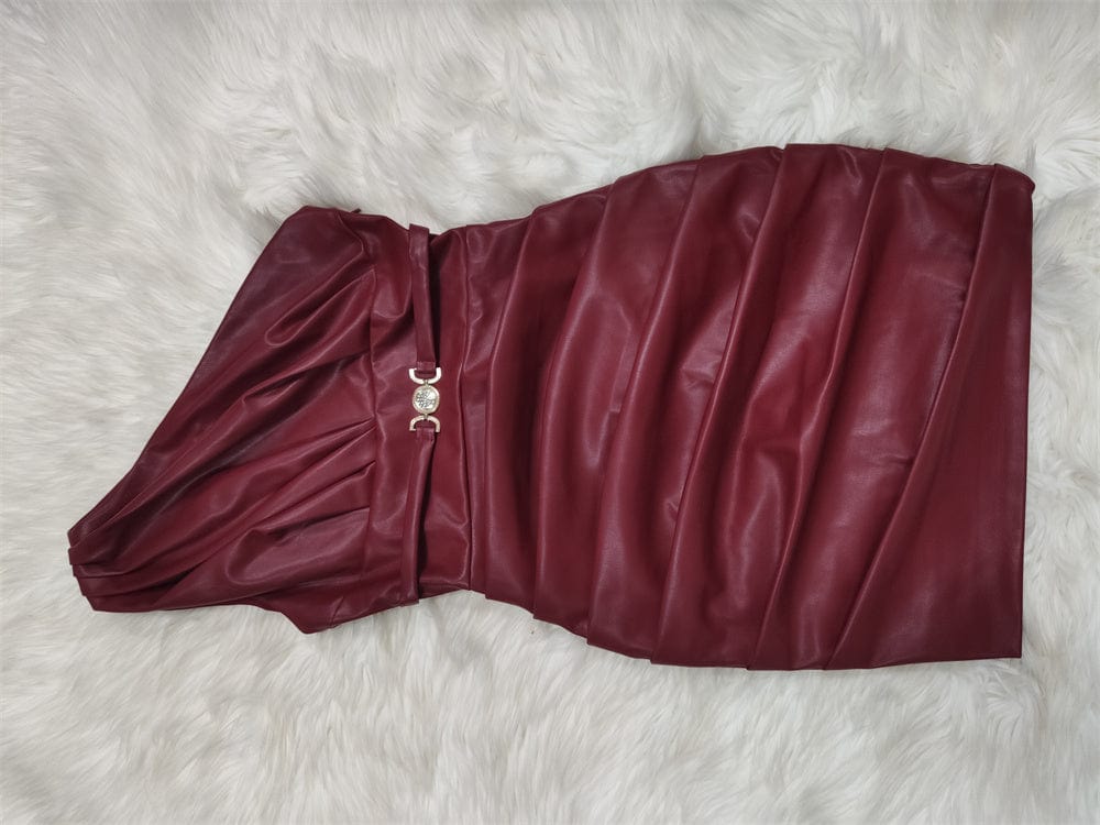 M / Burgundy High Quality One Shoulder Celebrity Evening Party Elegant Club Party PU Leather Dress