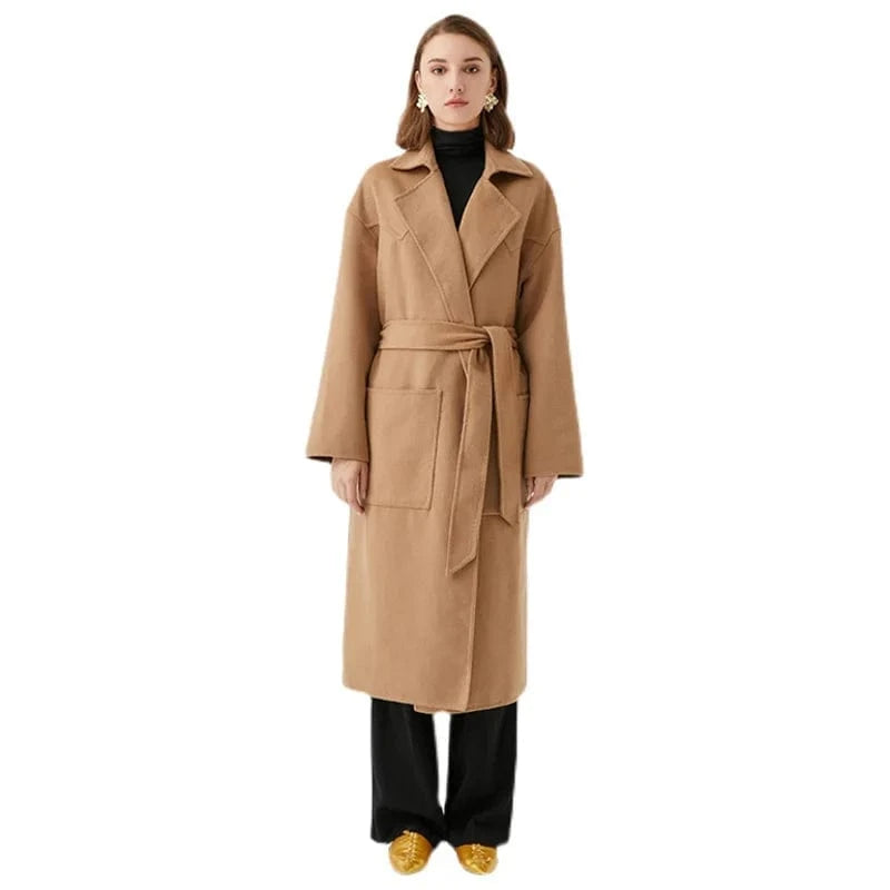 M / Camel 2023 Spring Fashion Handmade Cashmere Coat Belted Long Wool Trench Coat Women Autumn Winter Jacket