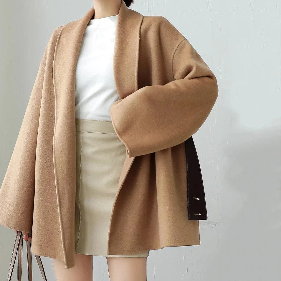 M / Camel Elegant Ladies Turn Down Collar Cashmere Coat Fashion Loose Women Belted Wool Coat
