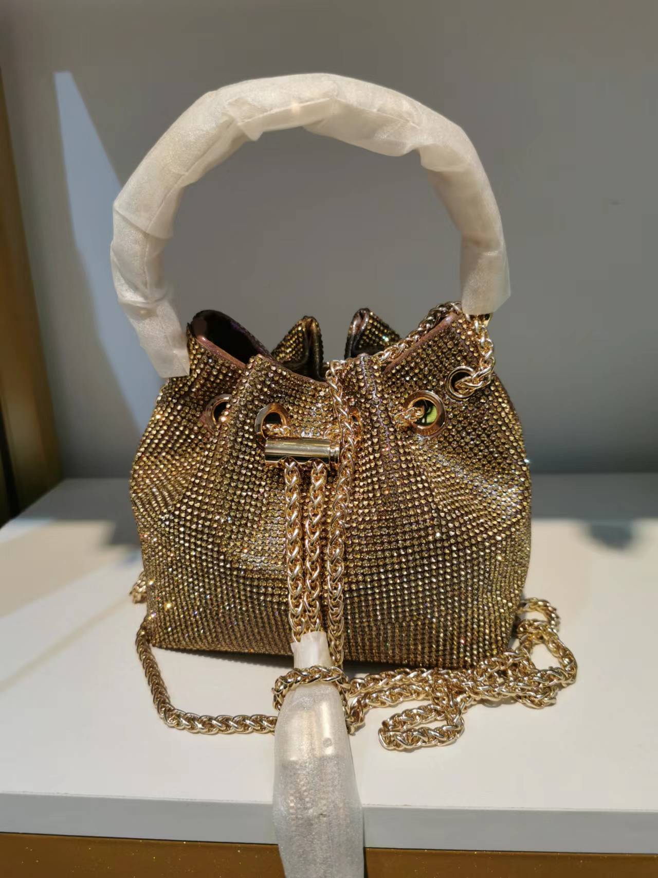 M / Champagne 2022 Shenglu Hot Latest Designer Lady Rhinestone Bucket Tassel Handbag Purse Tote Blue Diamond Evening Shoulder Crossbody Bags