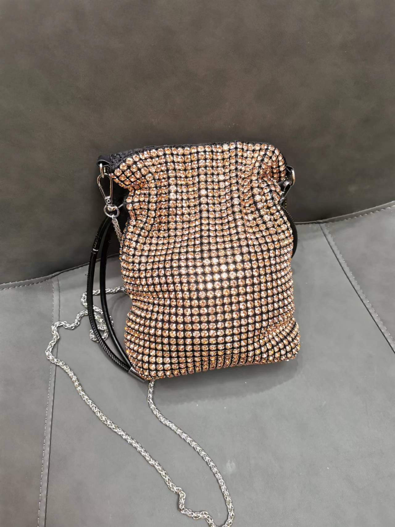 M / Champagne GOld 2022 Shenglu Guangzhou Drawstring Rhinestone Purse Latest Lady Famous Crystal Jewelry Purse Handbag
