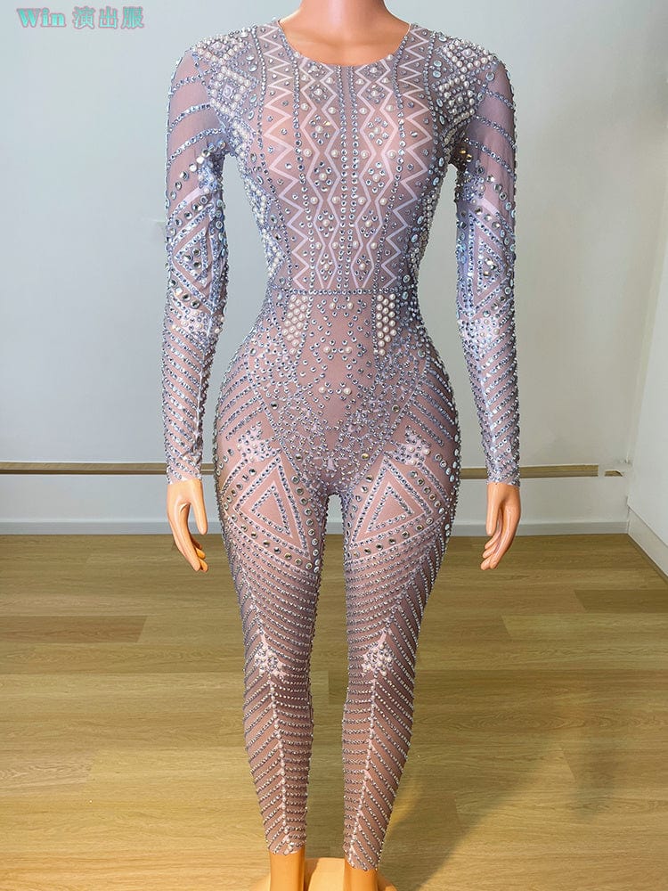 M / Champagne Monos Sequin Rhinestone Pearls Pole Dance Leotard Party Club Transparent Bodysuit Plus Size Women One Piece Bodycon Jumpsuits
